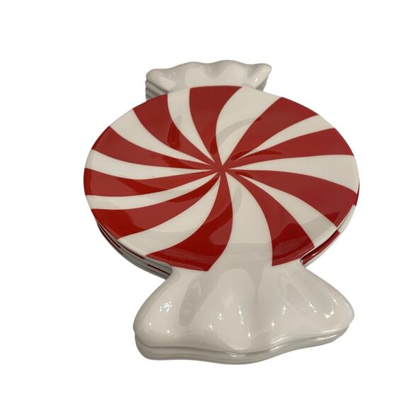 Peppermint Candy Shaped Christmas Melamine Appetizer Plate Set 4 Red White New - Picture 10 of 13